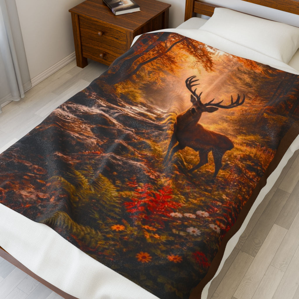 Autumn Forest Deer Velveteen Plush Blanket — Cozy Fall Cabin Throw