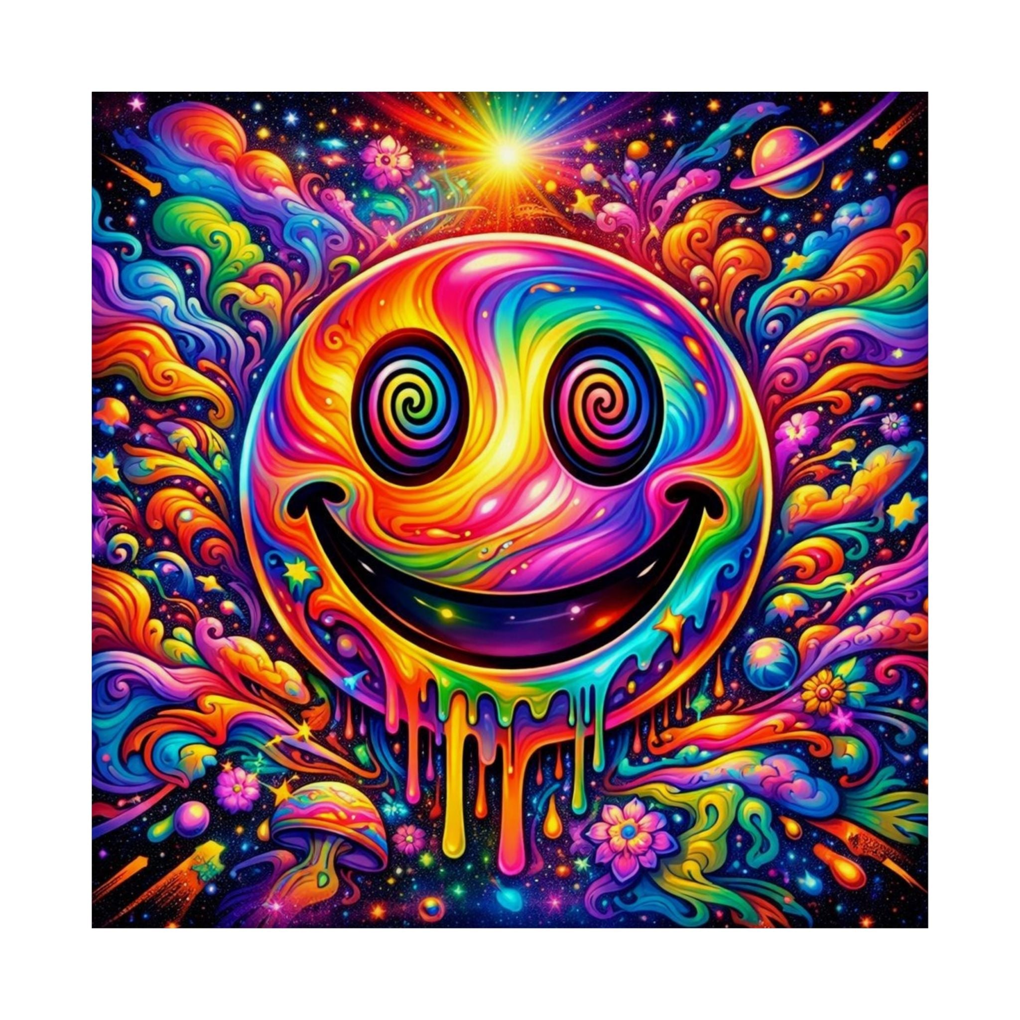 Psychedelic Drippy Smiley Matte Poster — Vibrant Rainbow Wall Art