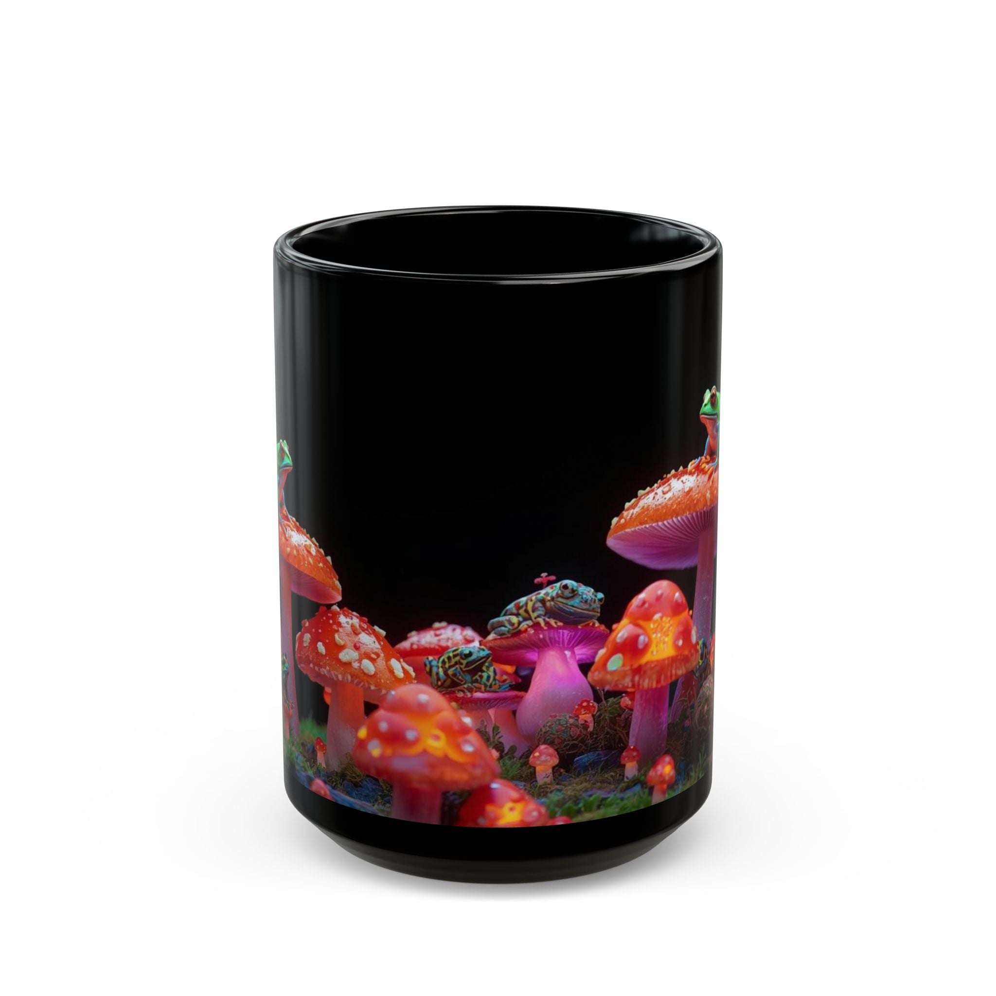 Psychedelic Mushroom & Frog Black Coffee Mug — Vibrant Fantasy 11oz/15oz
