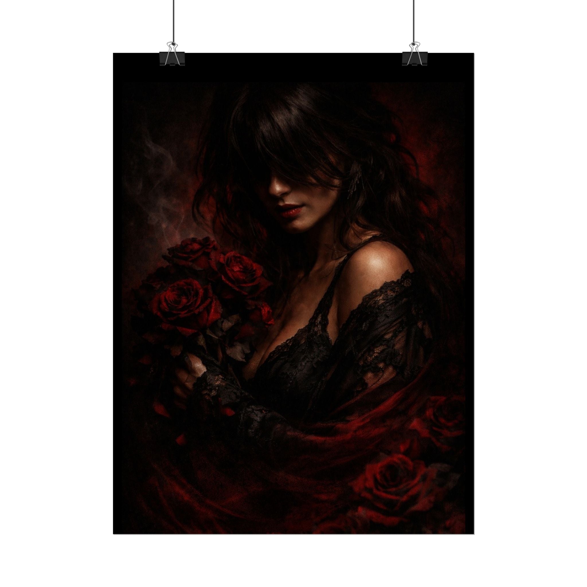 Dark Romantic Art Poster — Gothic Woman with Red Roses, Moody Wall Art