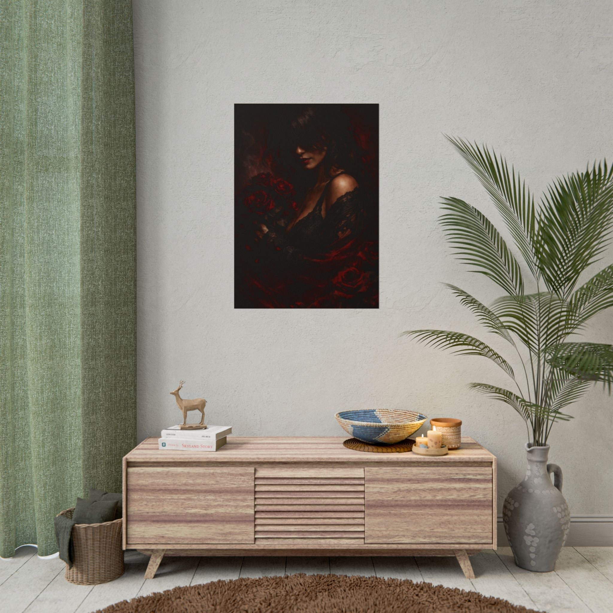 Dark Romantic Art Poster — Gothic Woman with Red Roses, Moody Wall Art