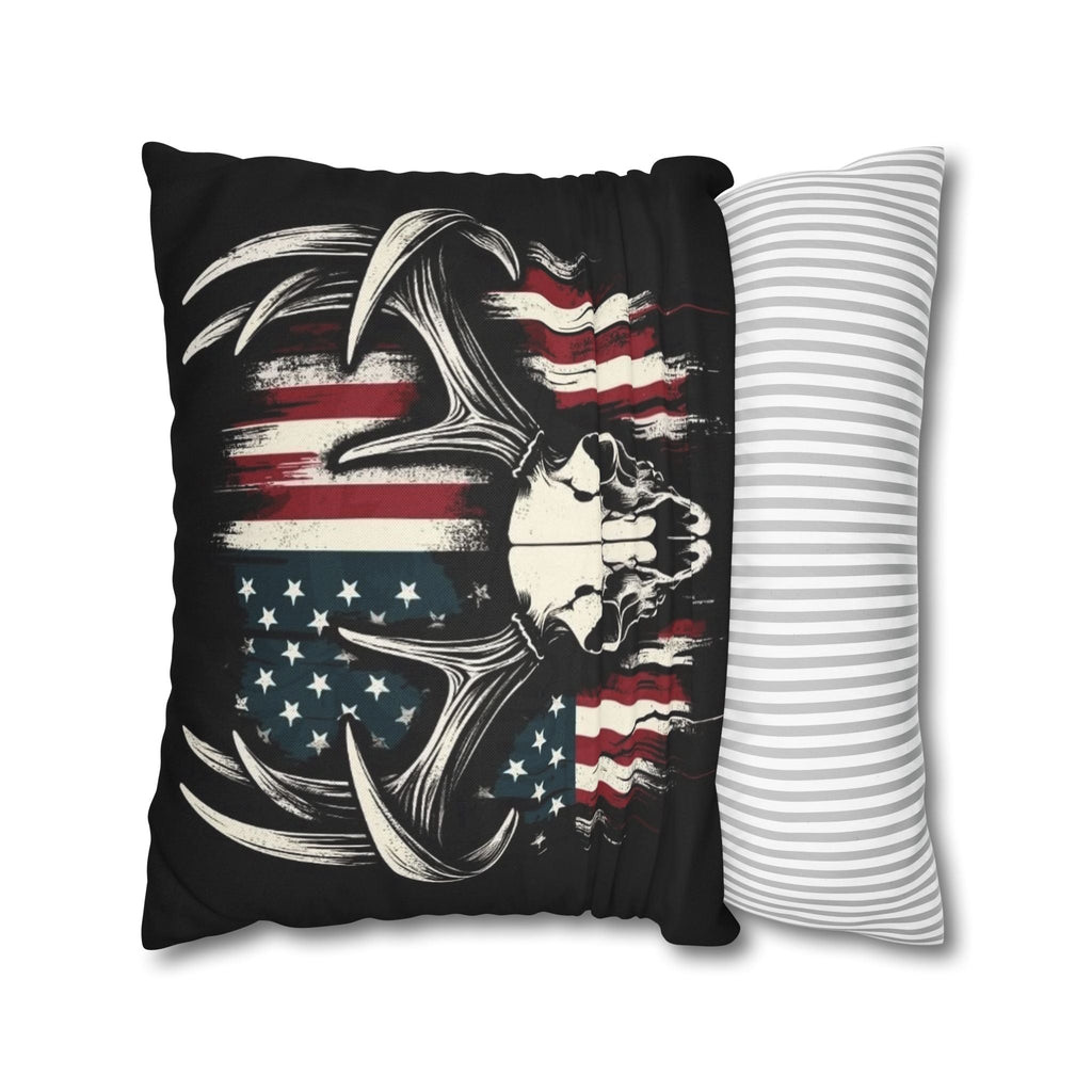 Deer Skull American Flag Throw Pillowcase — Patriotic Hunting Decor