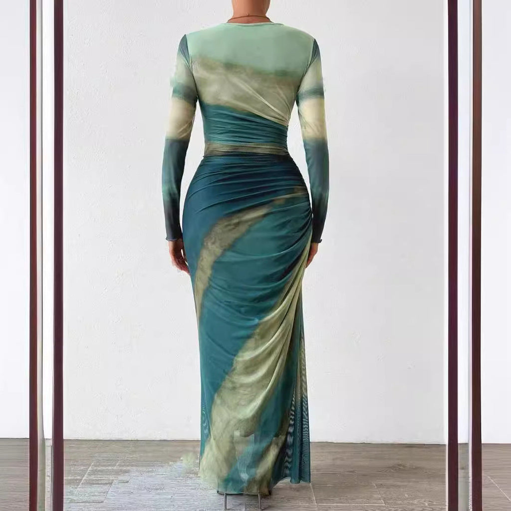 Tie-dyed Long Sleeve Slim Fit Hot Girl Long Dress Women