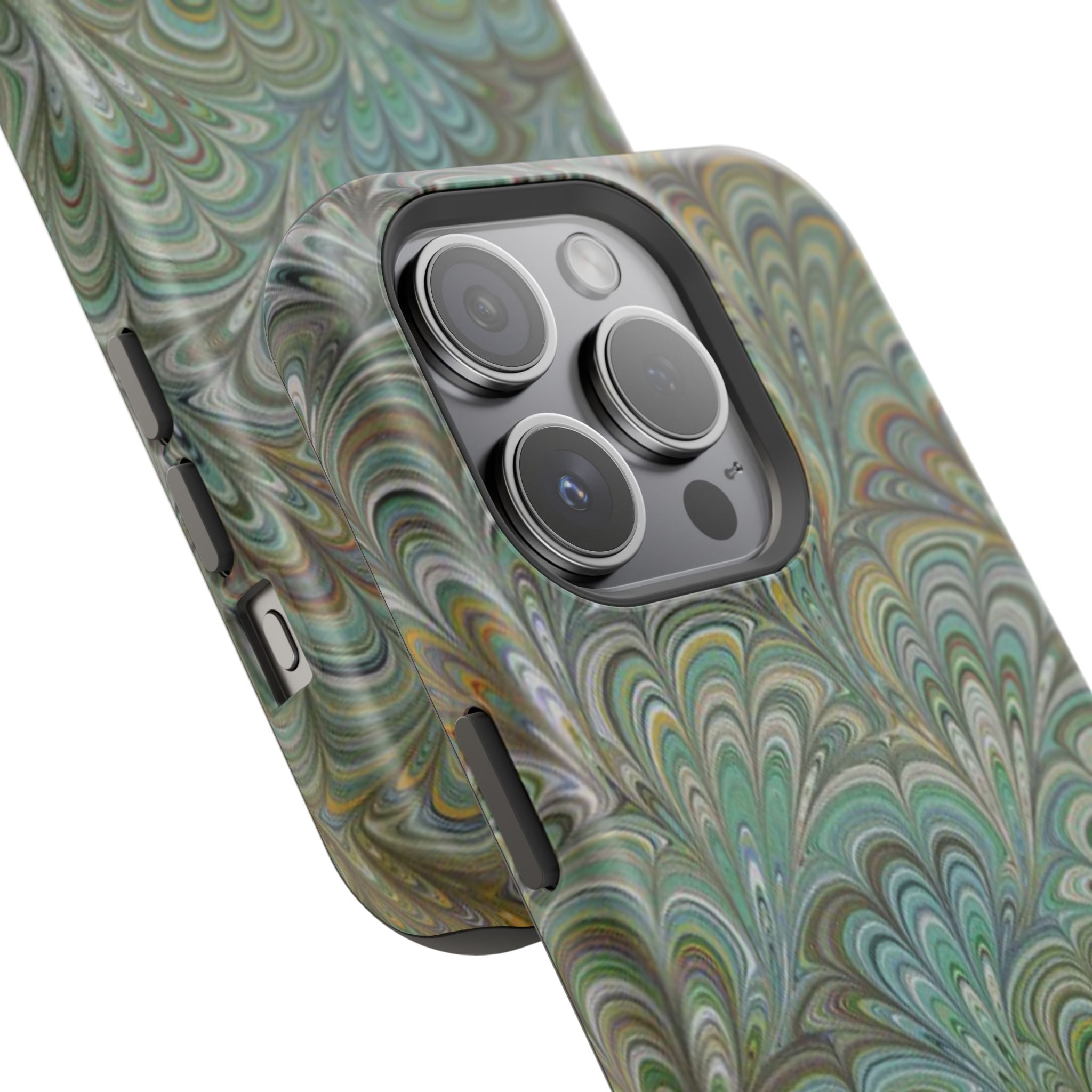 iPhone17 + All Models Phone Cases, Italian Peacock Feather Design, Stylish Impact-Resistant Shell, Protective Cover, Green Peacock Print