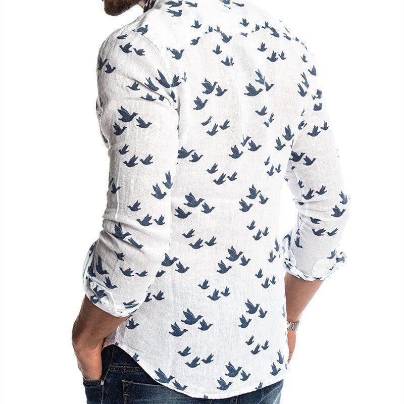 3D printed linen colorblock stand collar shirt