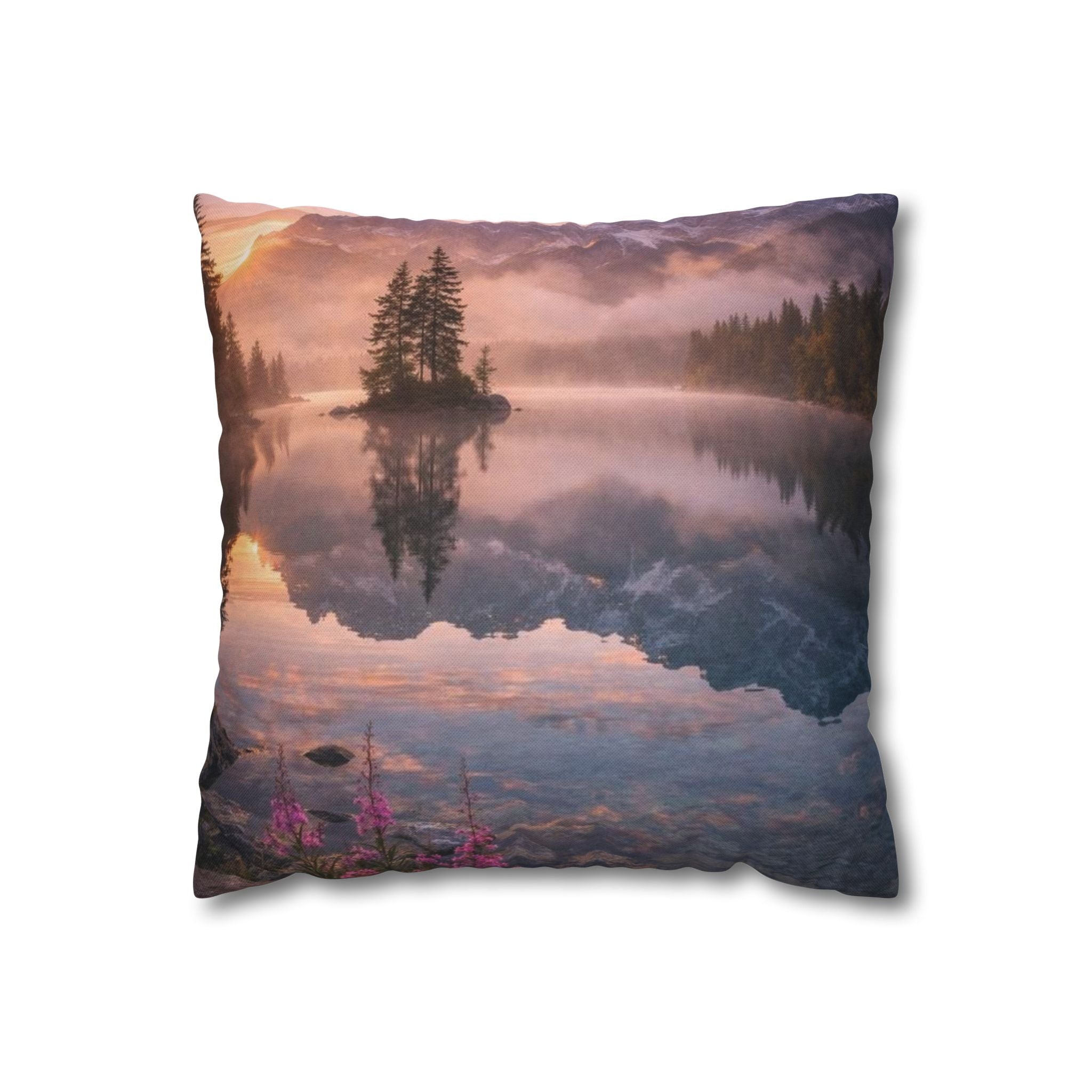 Scenic Lake Reflection Square Pillow — Mountain Sunrise Decorative Pillowcase