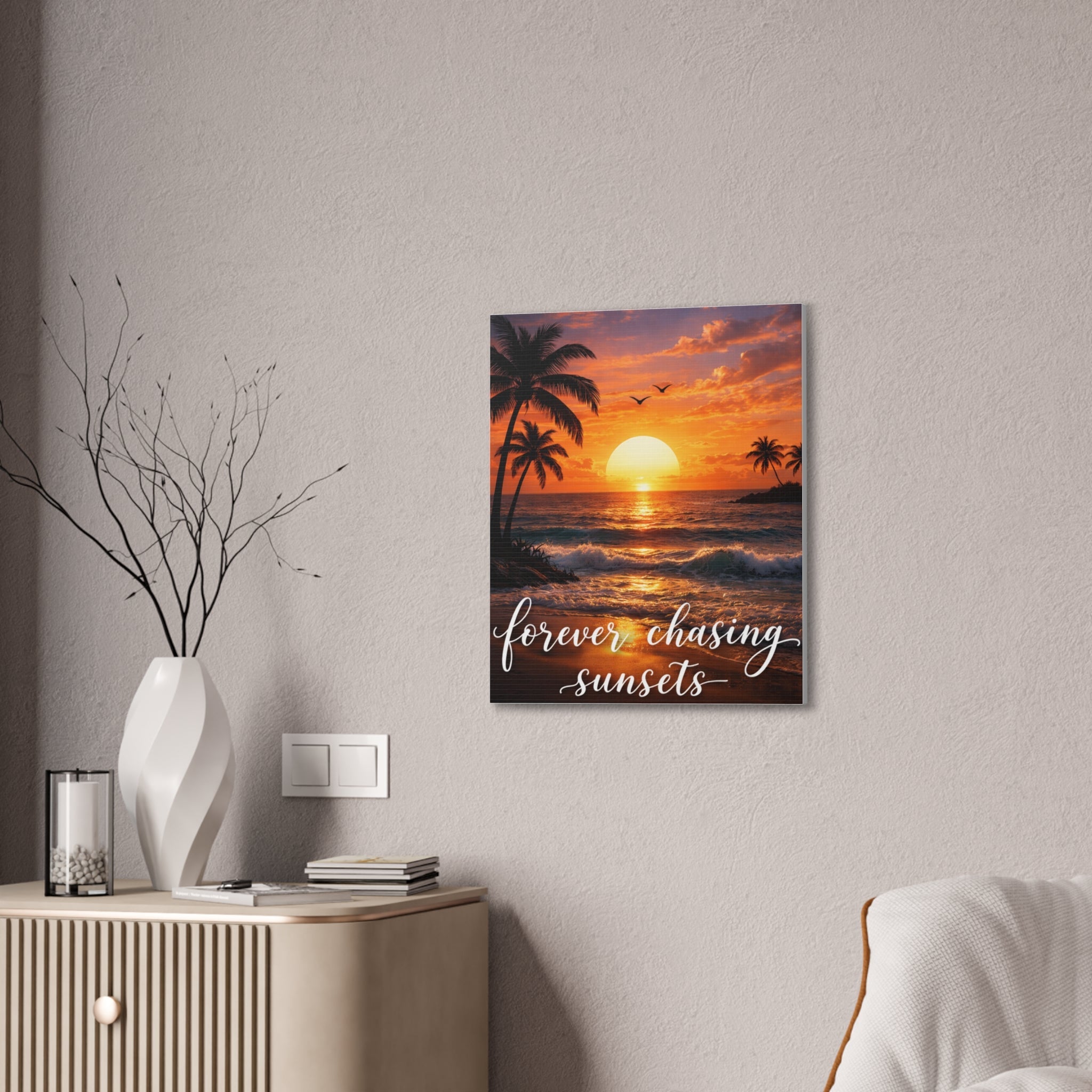 Sunset Beach Canvas Wall Art — Tropical Palm Ocean Sunset Stretched Canvas