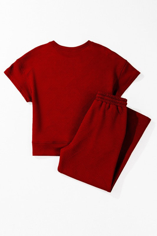 Solid Textured T-Shirt and Drawstring Pants Set