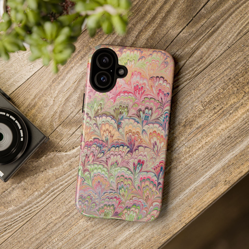 Pastel Pink + Green Feather Marbled Phone Case - Dual Layer Phone Cover