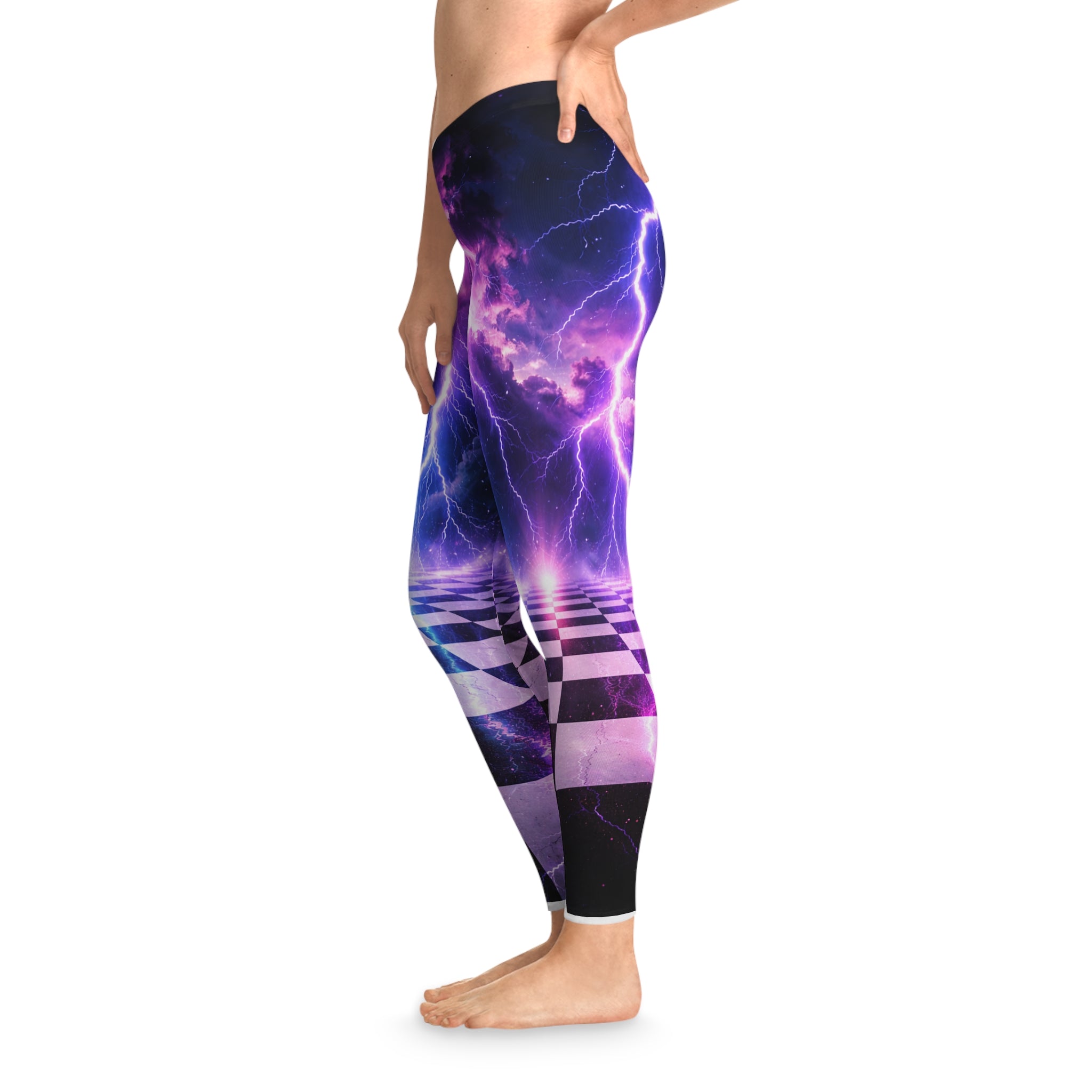 Electric Purple Lightning Leggings — Retro Checkerboard AOP Yoga Leggings