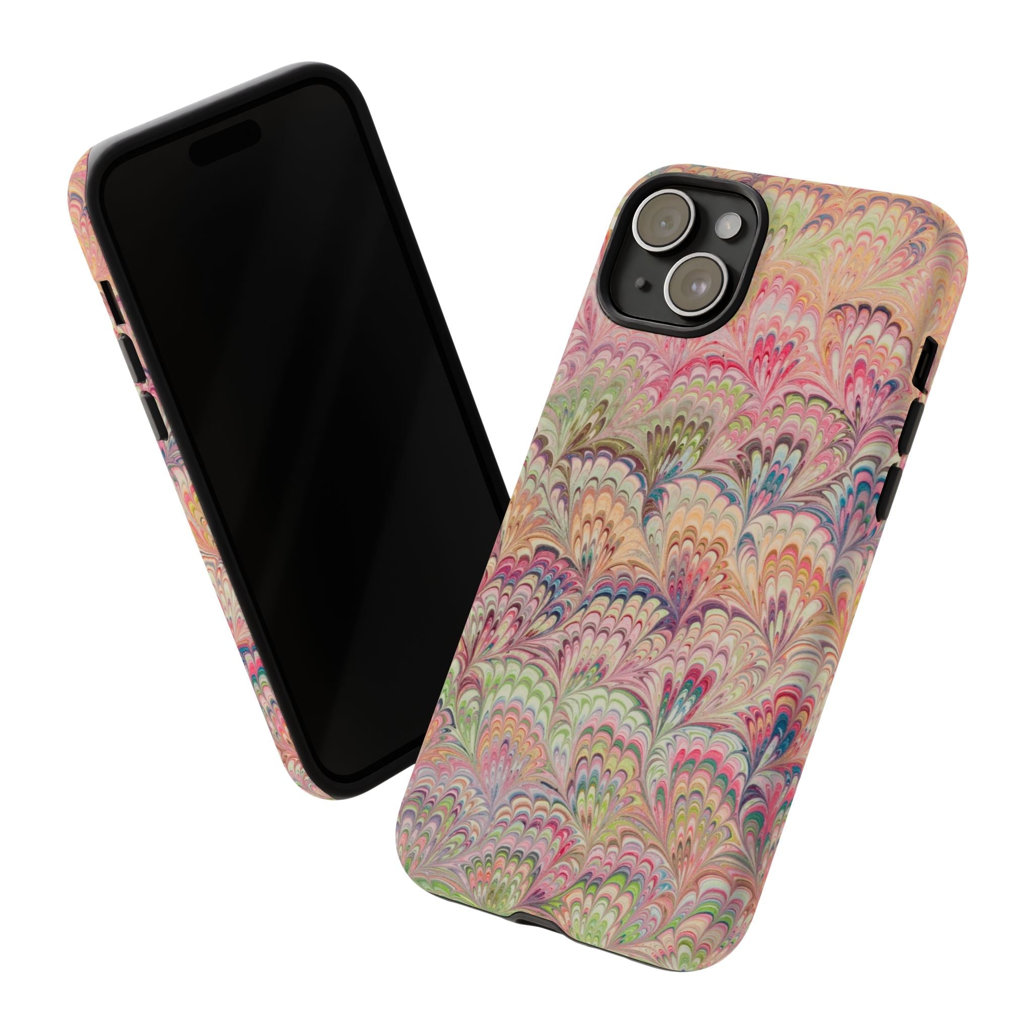 Pastel Pink + Green Feather Marbled Phone Case - Dual Layer Phone Cover