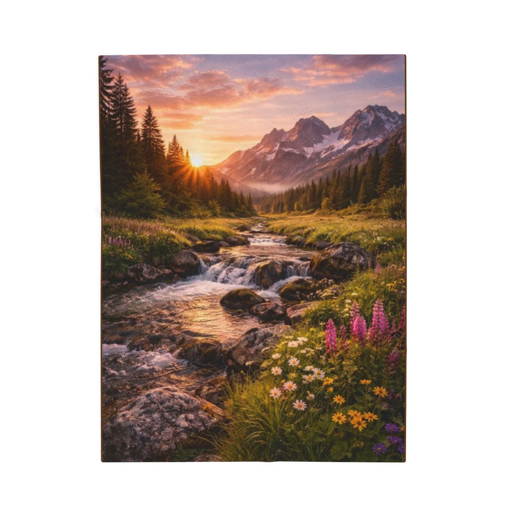 Scenic Mountain Stream Velveteen Plush Blanket — Sunset Alpine River Floral Throw