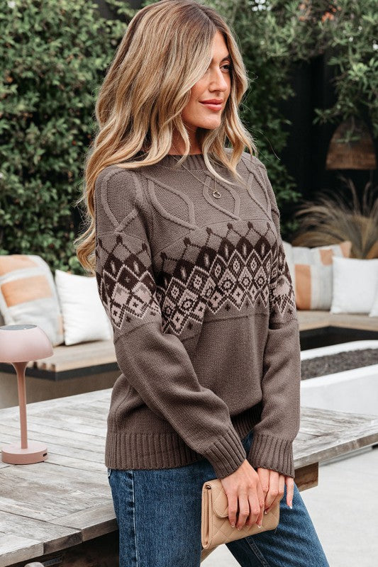 Alana Western Geometric Patterned Crew Neck Sweater