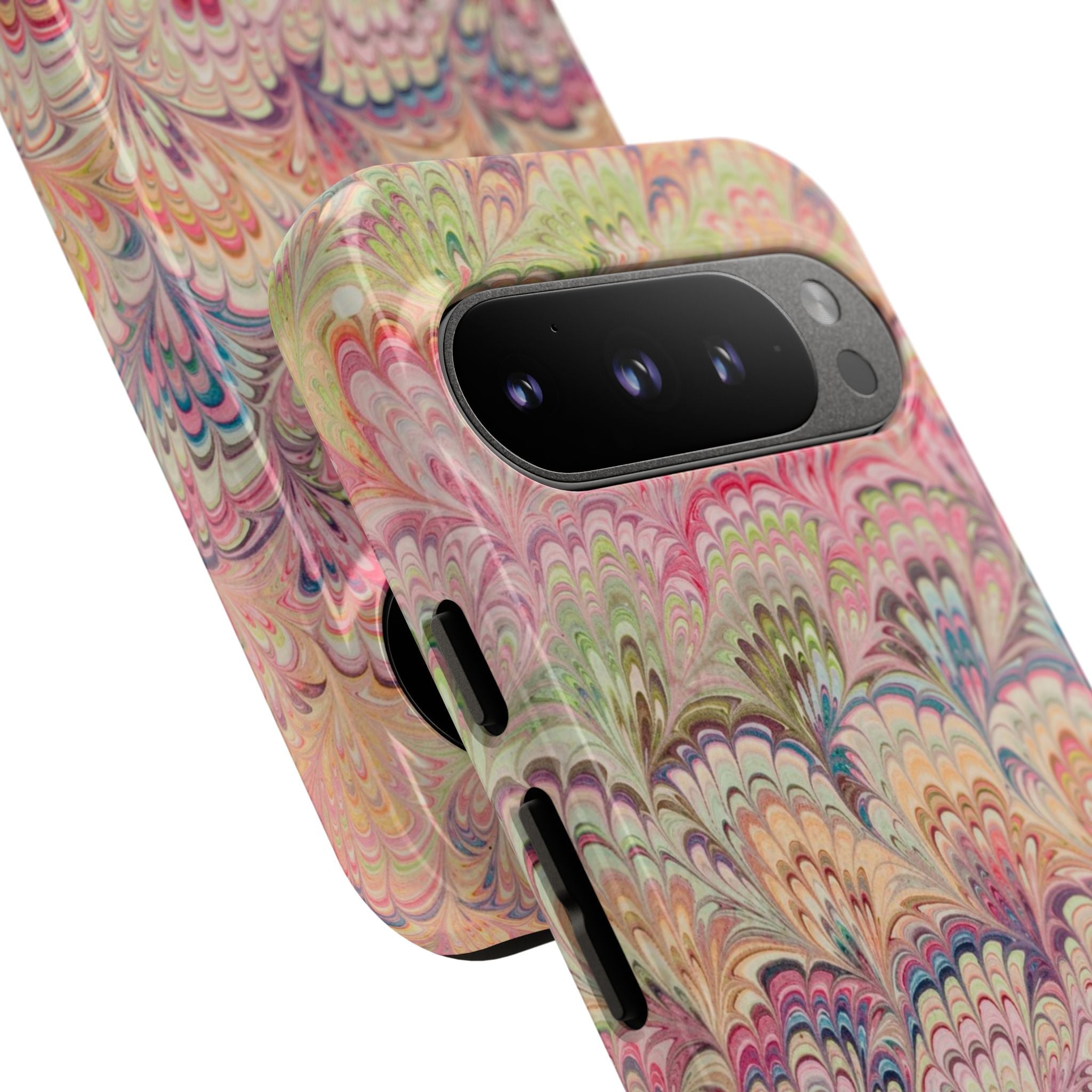 Pastel Pink + Green Feather Marbled Phone Case - Dual Layer Phone Cover