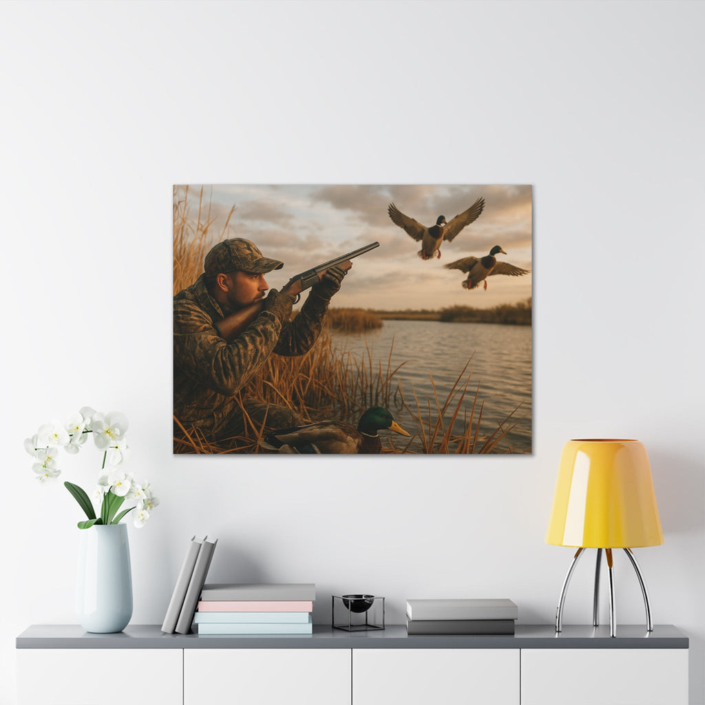 Duck Hunting Canvas Print — Waterfowl Blind Scene Stretched Wall Art