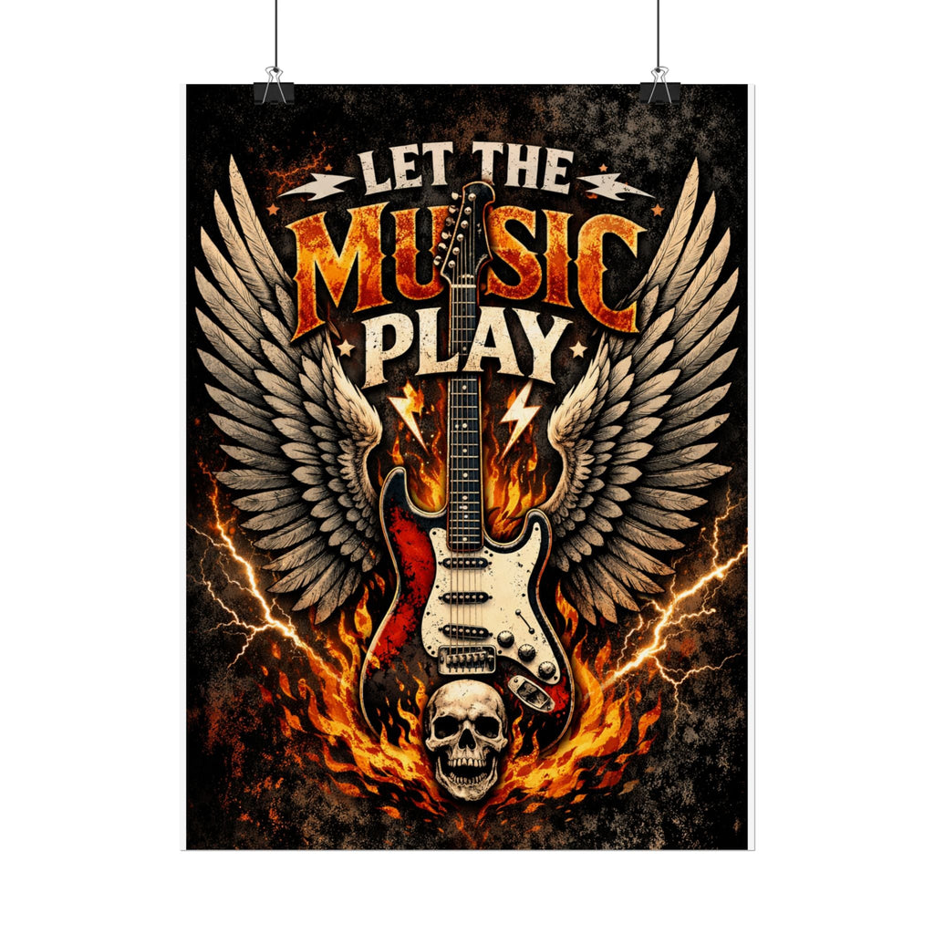 Let The Music Play Guitar Poster - Rock Skull Wings Rolled Poster