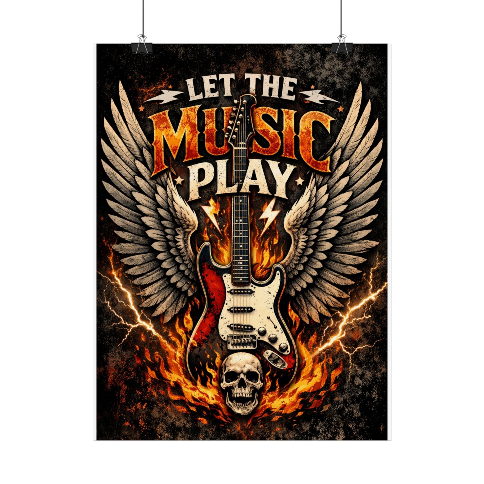 Let The Music Play Guitar Poster - Rock Skull Wings Rolled Poster