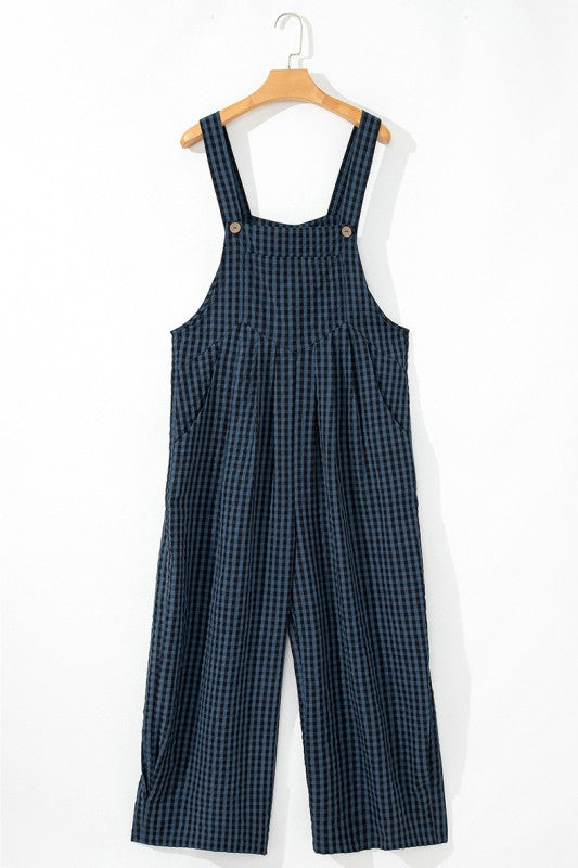 Plaid Print Buttoned Pocketed High Waist Jumpsuits