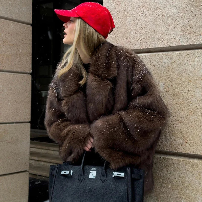 2026 Winter Oversized Gradient Fur Coat Thick Warm Outerwear Fluffy Faux Fox Fur Jacket