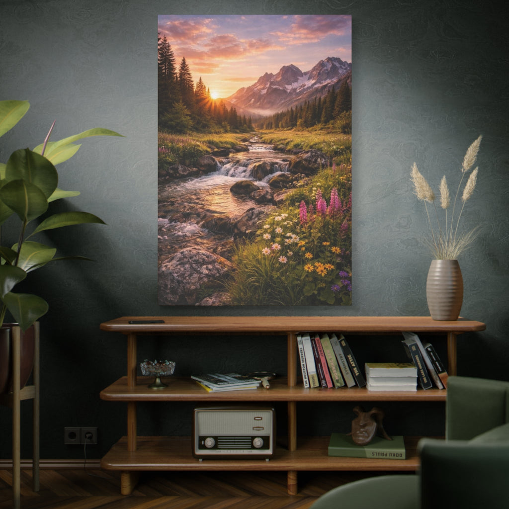 Mountain Sunrise Canvas Print — River Valley Landscape Matte Stretched Wall Art