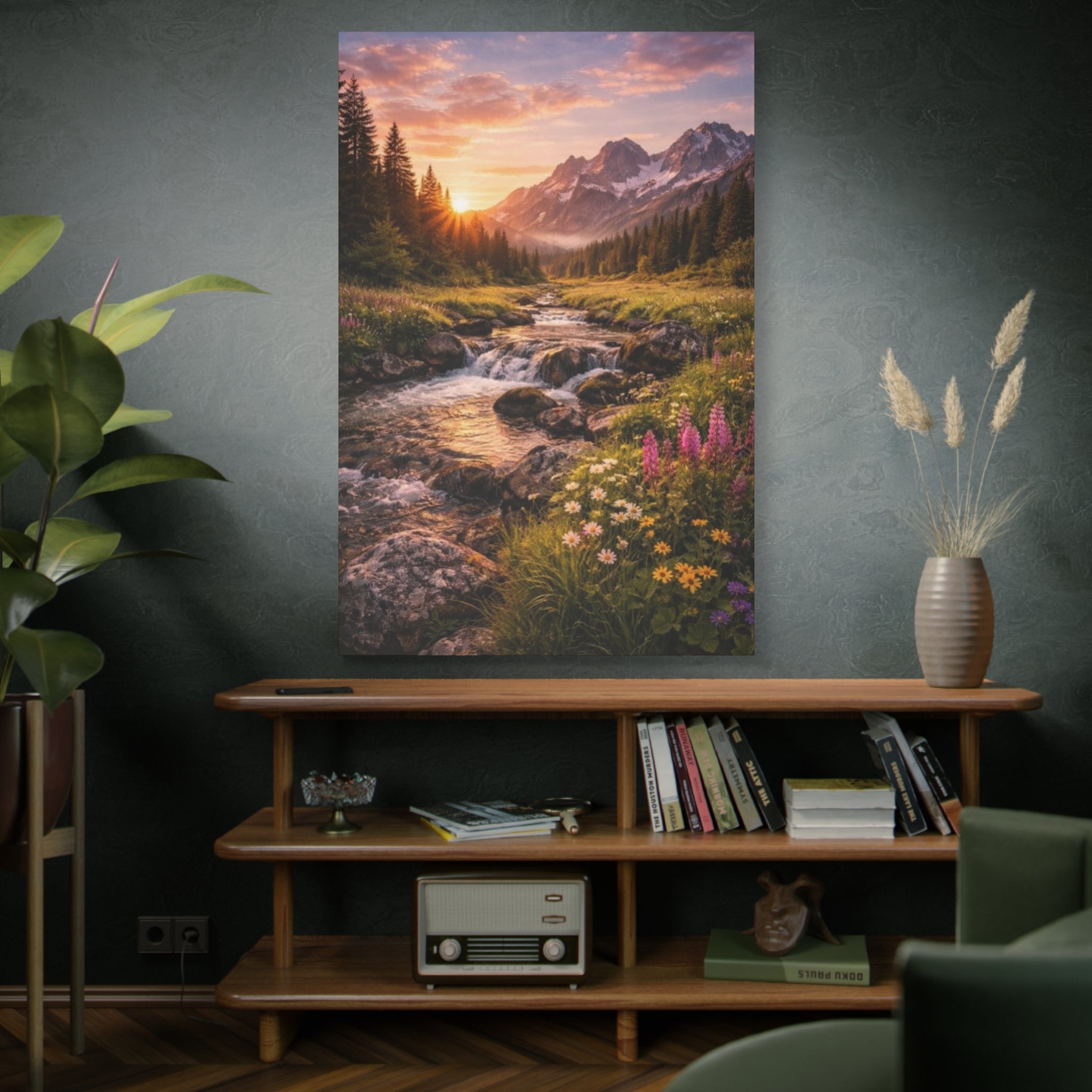 Mountain Sunrise Canvas Print — River Valley Landscape Matte Stretched Wall Art