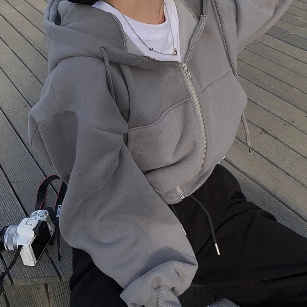Spring Autumn Winter New fleece-lined Versatile Cropped Hoodie