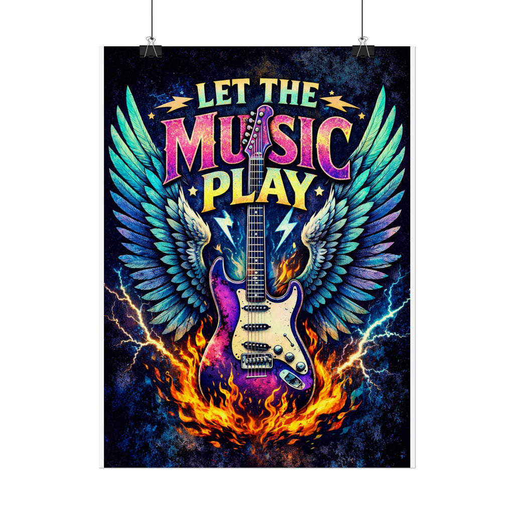 Copy of Let The Music Play Guitar Poster - Rock Skull Wings Rolled Poster