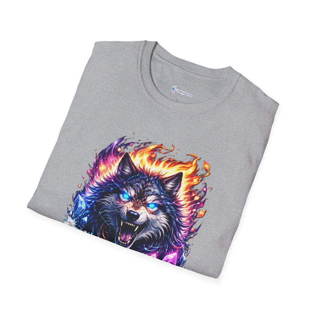 Cosmic Fire Wolf T-Shirt — Vibrant Mystic Wolf Graphic Tee