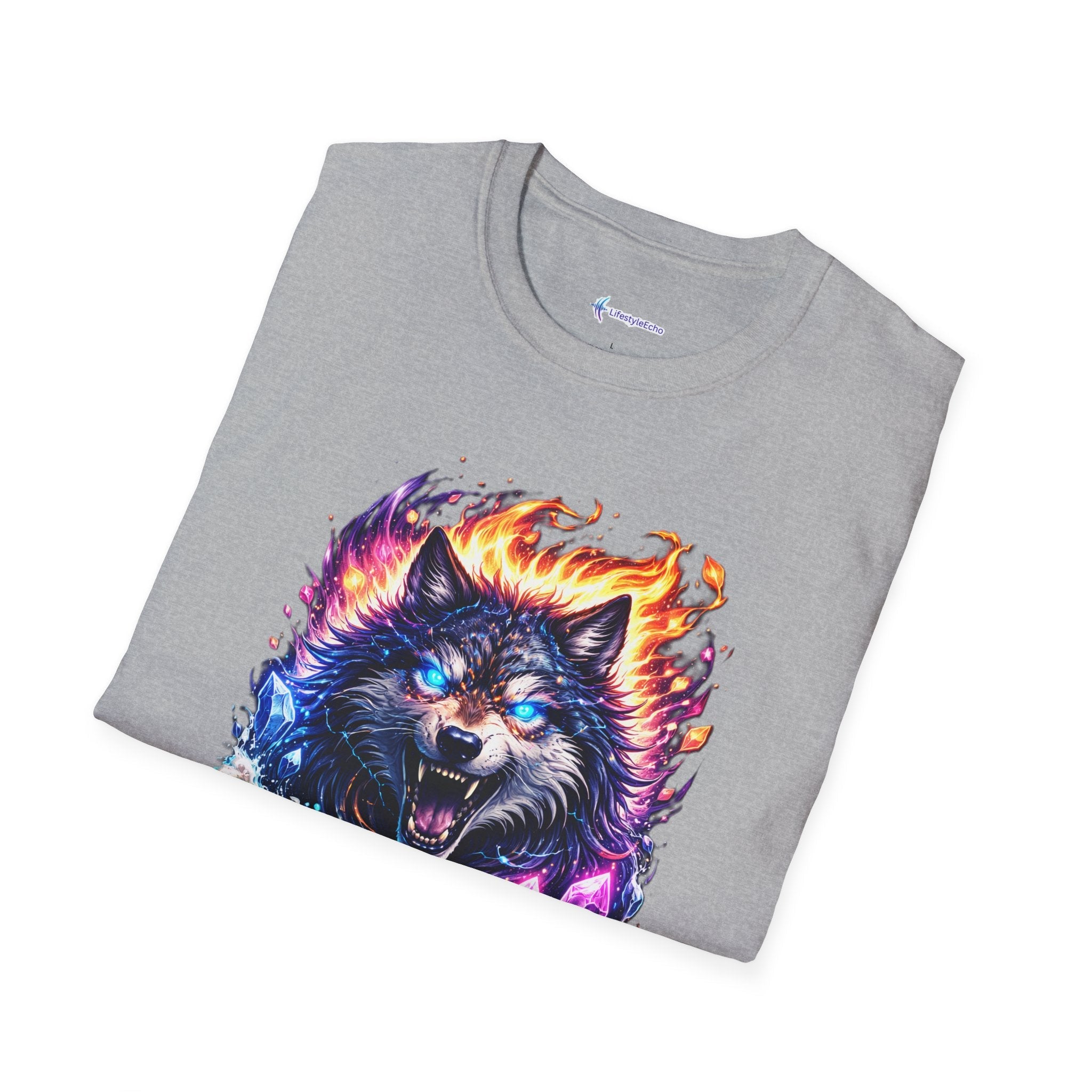 Cosmic Fire Wolf T-Shirt — Vibrant Mystic Wolf Graphic Tee