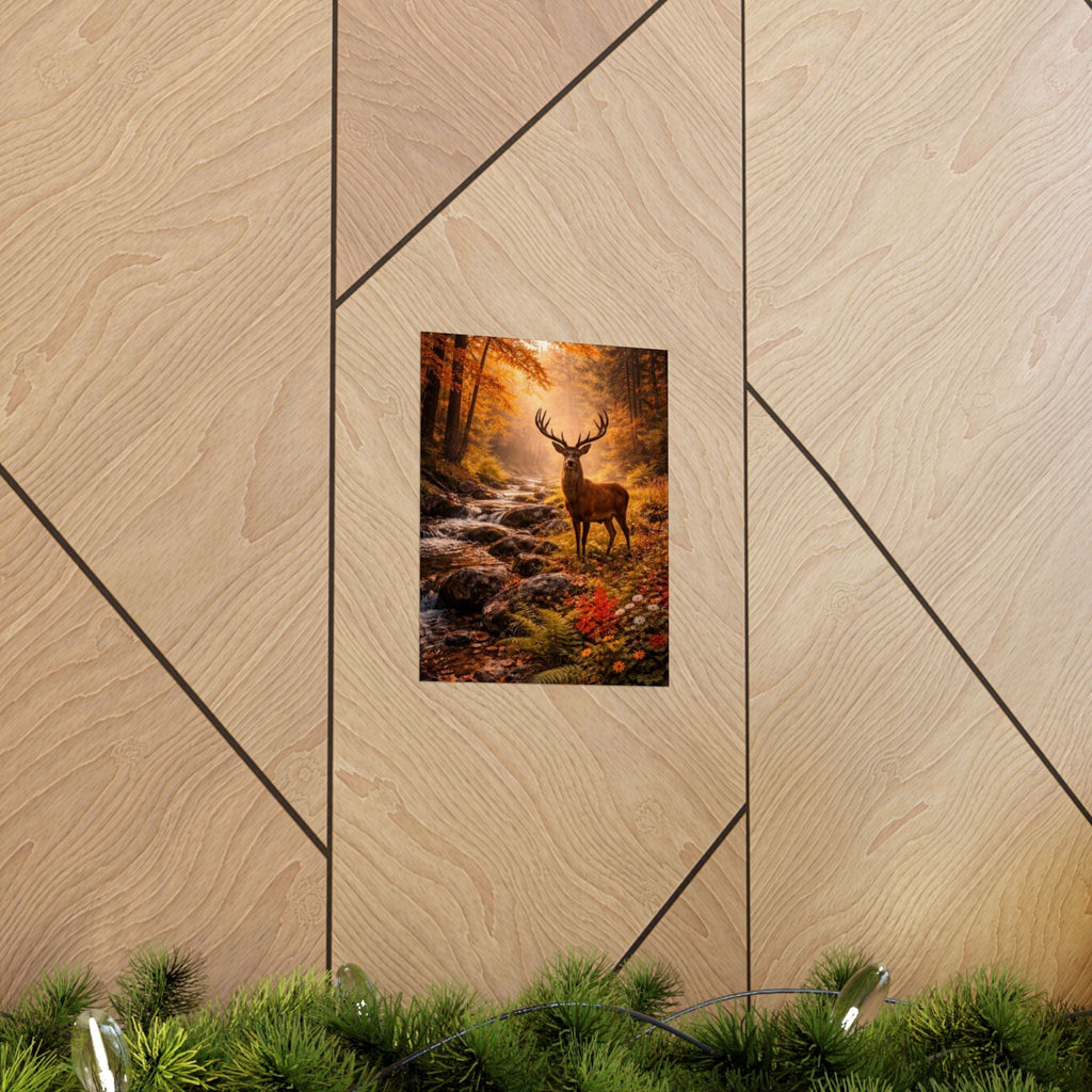 Deer in Autumn Forest Matte Vertical Poster — Rustic Woodland Wall Art