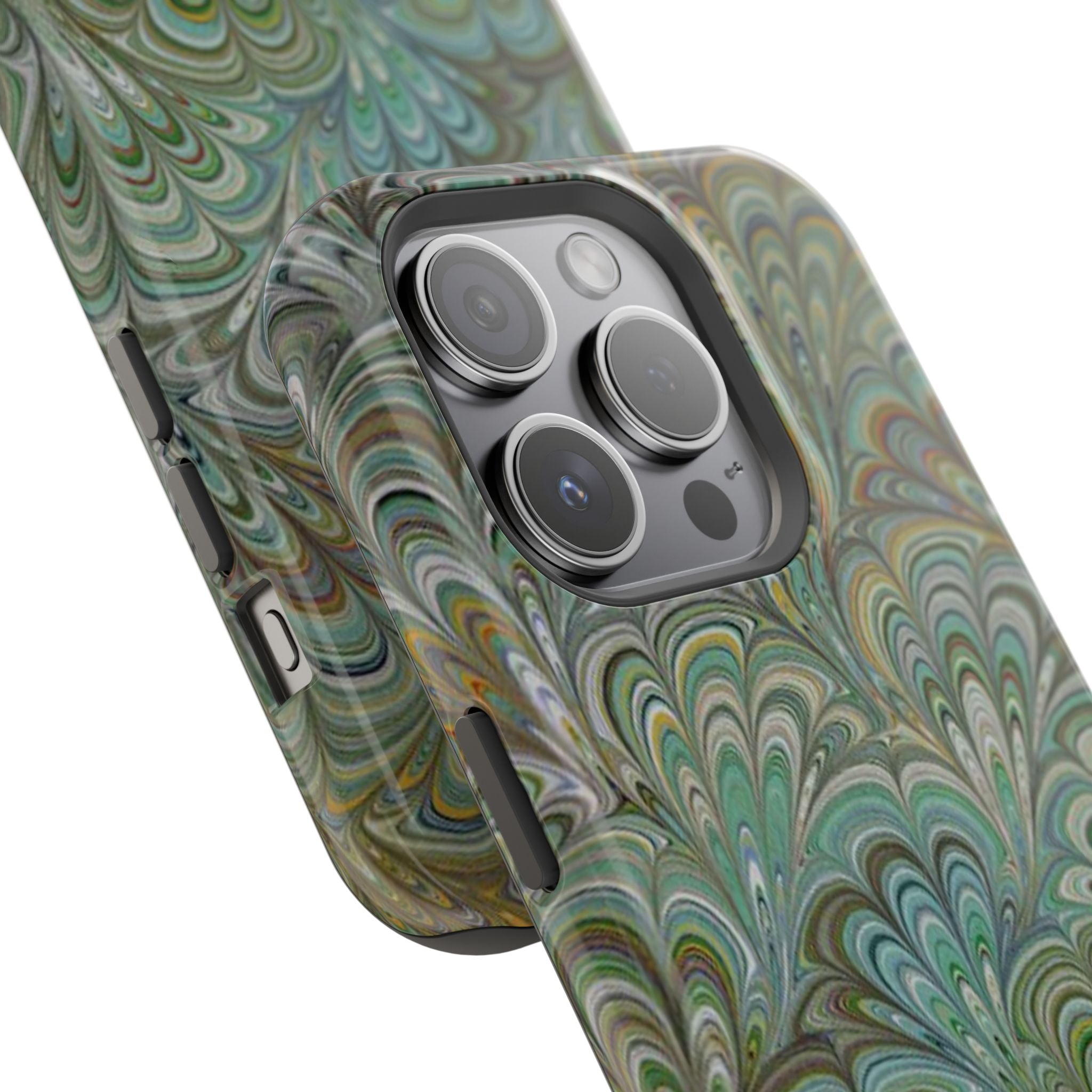 iPhone17 + All Models Phone Cases, Italian Peacock Feather Design, Stylish Impact-Resistant Shell, Protective Cover, Green Peacock Print