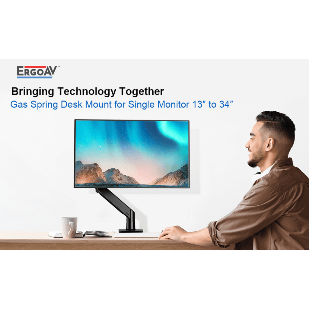 ErgoAV Gas Spring Desk Mount for Single Monitors 13" to 34" and up to 26lbs