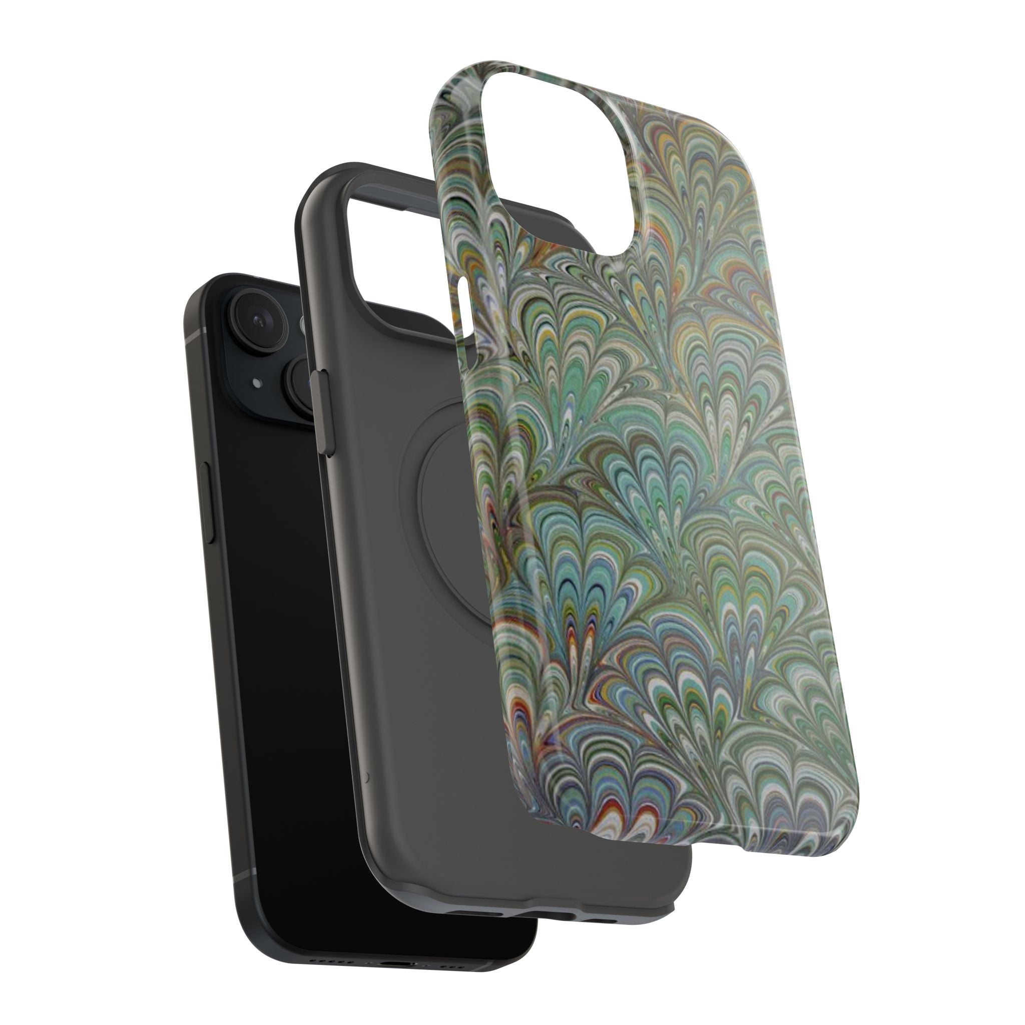 iPhone17 + All Models Phone Cases, Italian Peacock Feather Design, Stylish Impact-Resistant Shell, Protective Cover, Green Peacock Print
