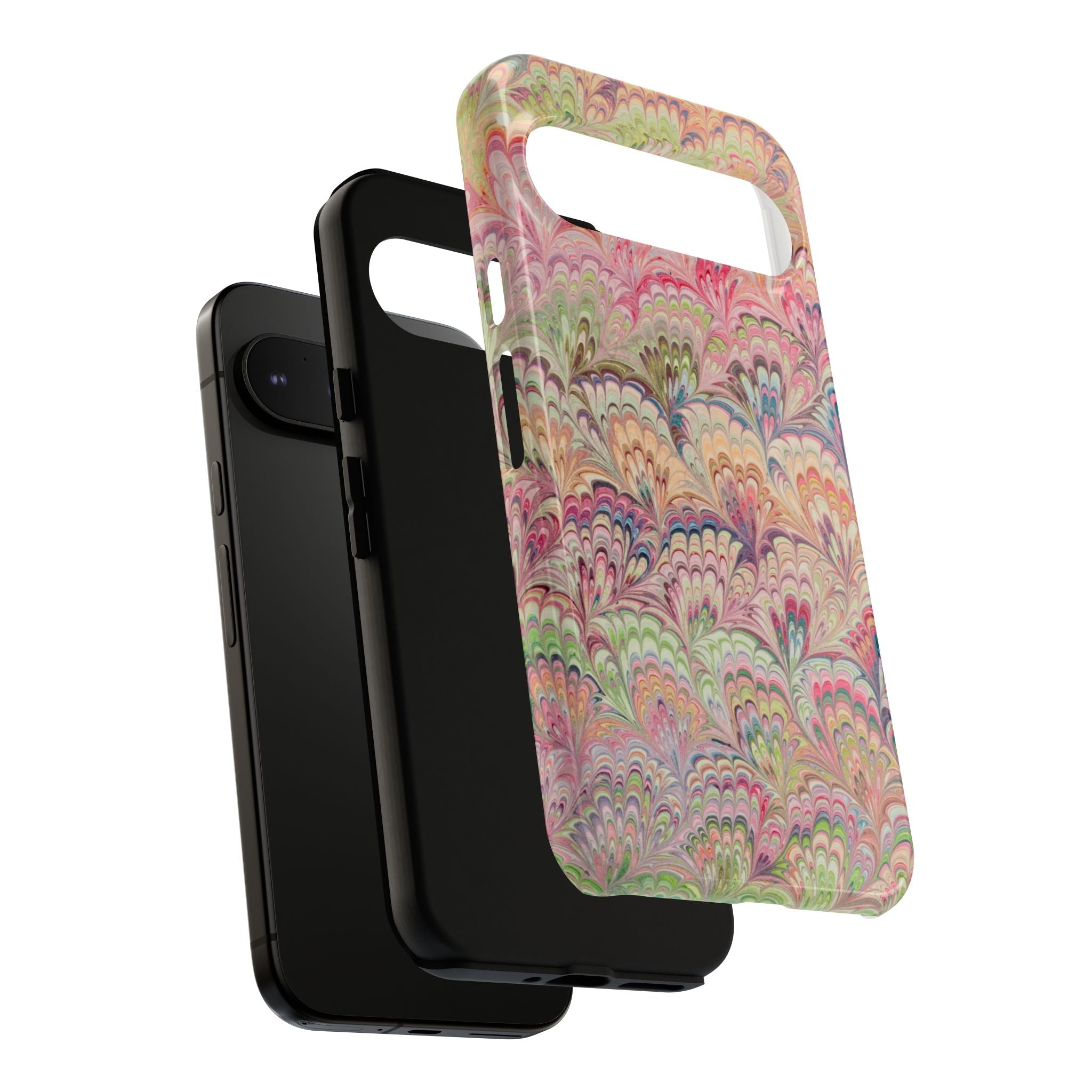Pastel Pink + Green Feather Marbled Phone Case - Dual Layer Phone Cover