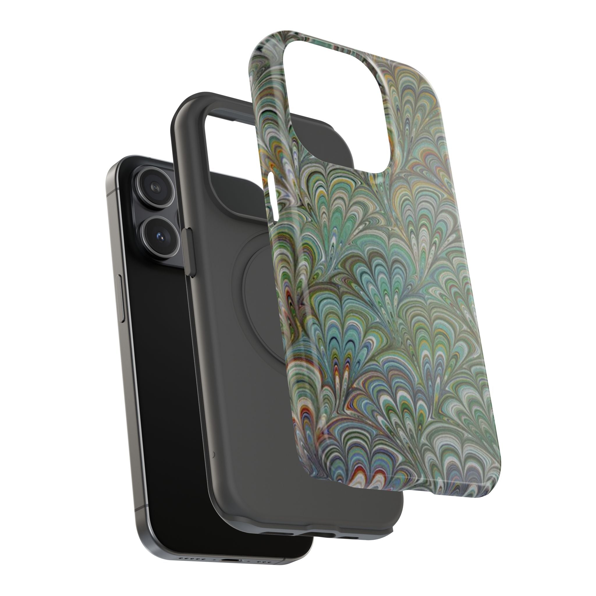iPhone17 + All Models Phone Cases, Italian Peacock Feather Design, Stylish Impact-Resistant Shell, Protective Cover, Green Peacock Print