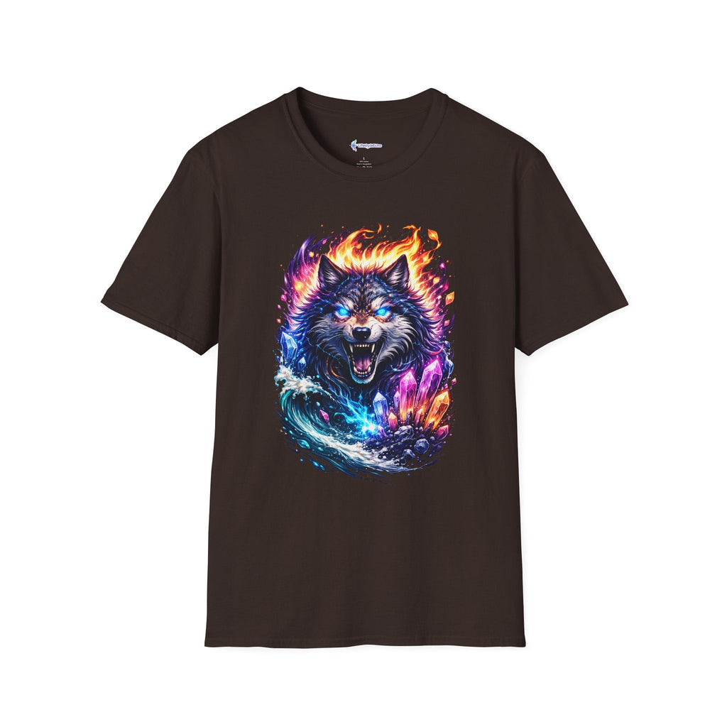 Cosmic Fire Wolf T-Shirt — Vibrant Mystic Wolf Graphic Tee