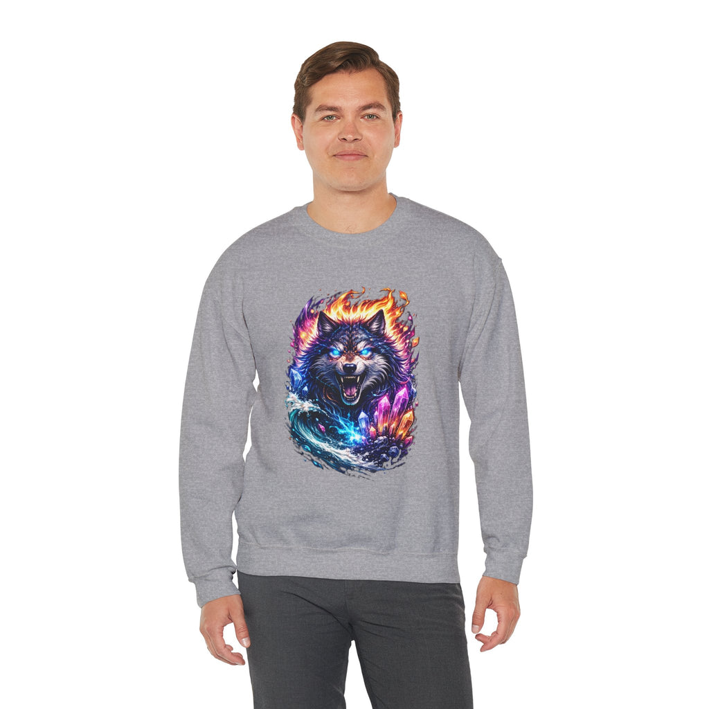 Cosmic Wolf Crewneck Sweatshirt — Neon Fire & Ice Wolf Graphic
