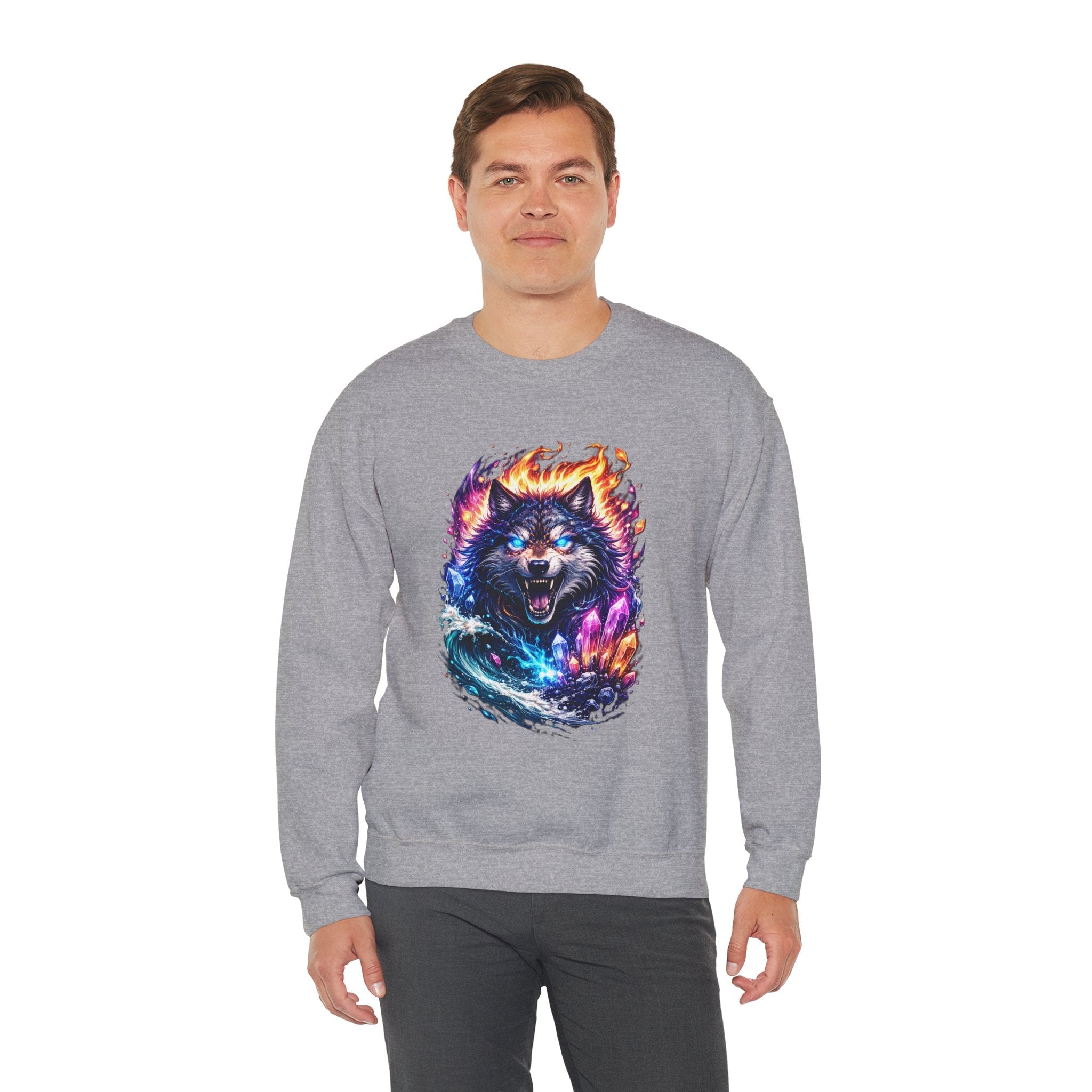 Cosmic Wolf Crewneck Sweatshirt — Neon Fire & Ice Wolf Graphic