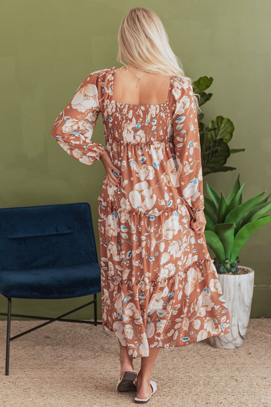 Willow Floral Shirred Square Neck High Waist Maxi