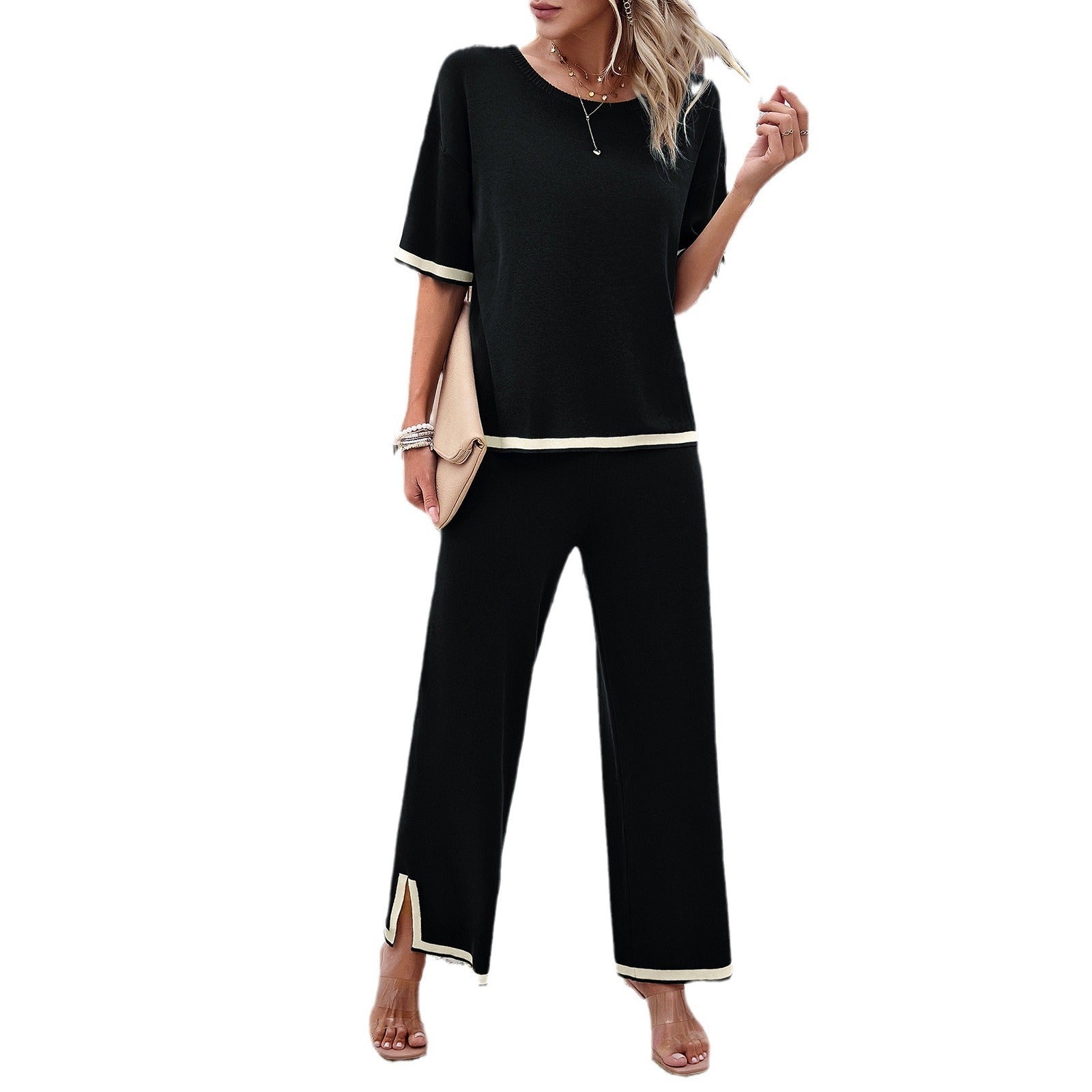 Fashion women's spring and summer temperament casual short sleeved knitted suit