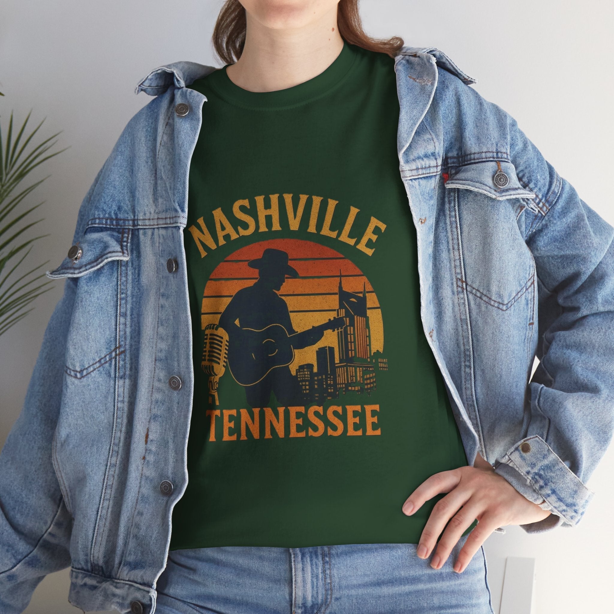Nashville Tennessee Guitar Silhouette Tee — Retro Sunset Country Music T-Shirt
