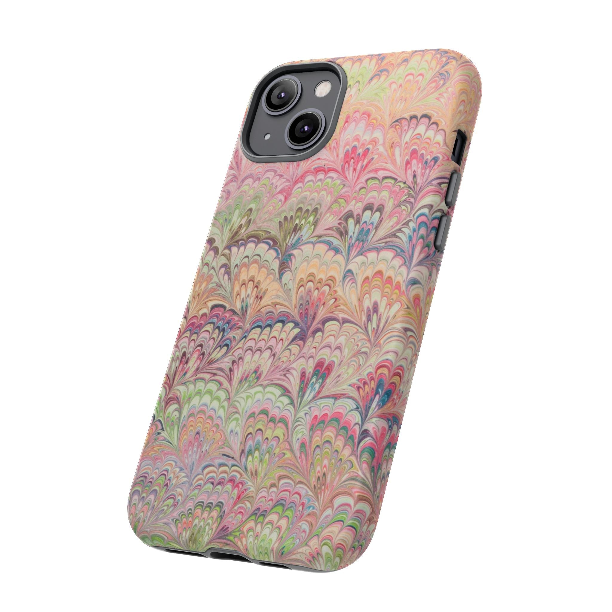 Pastel Pink + Green Feather Marbled Phone Case - Dual Layer Phone Cover