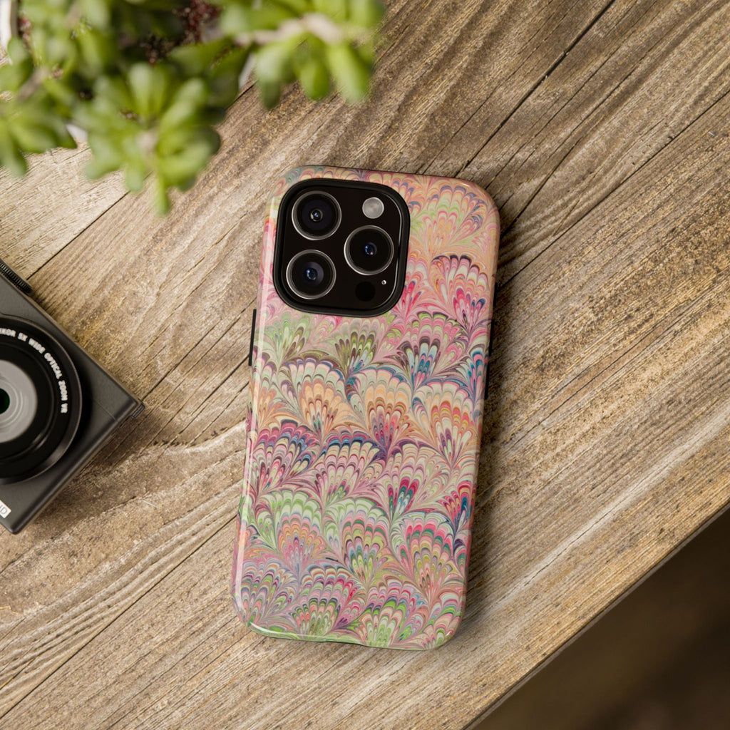 Pastel Pink + Green Feather Marbled Phone Case - Dual Layer Phone Cover