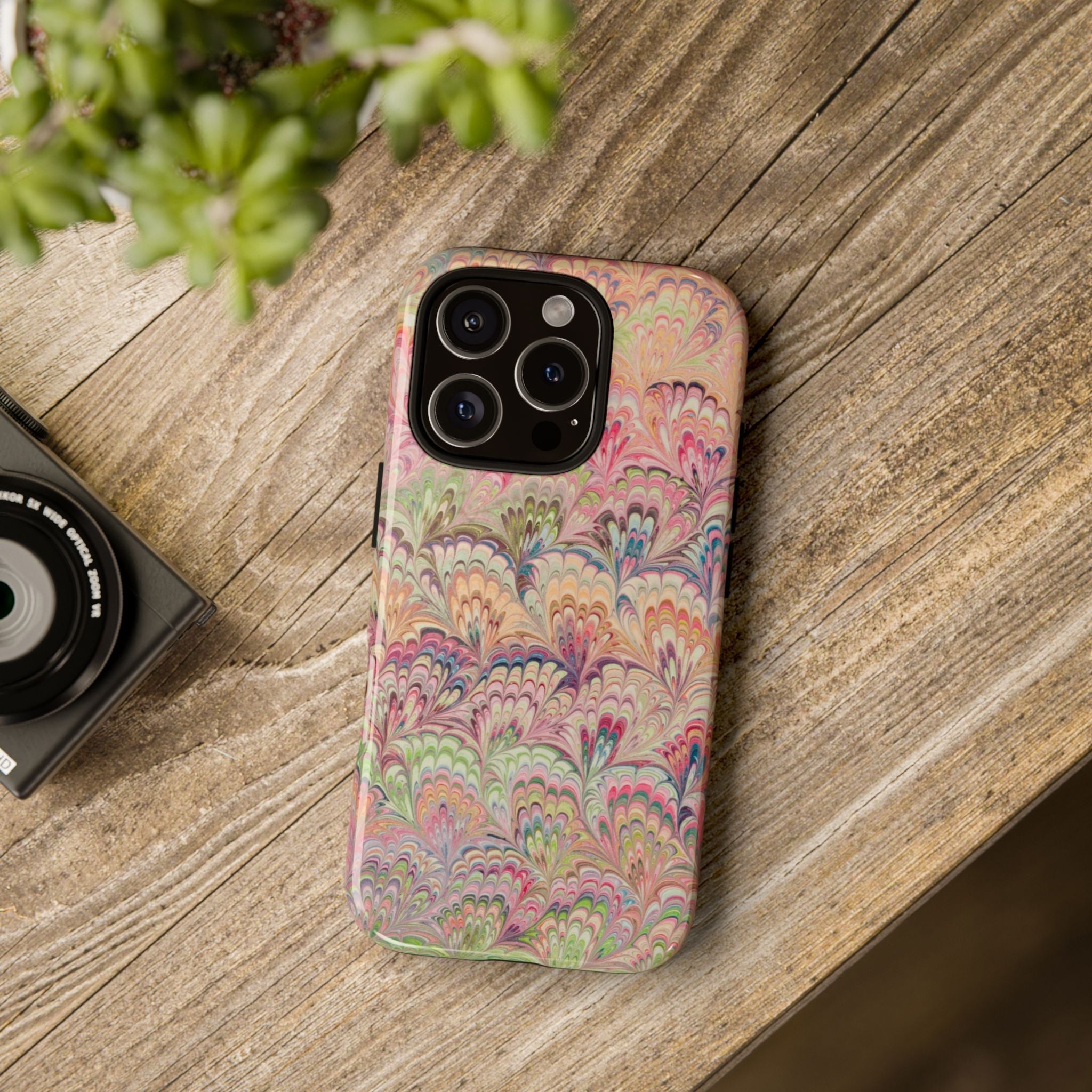 Pastel Pink + Green Feather Marbled Phone Case - Dual Layer Phone Cover