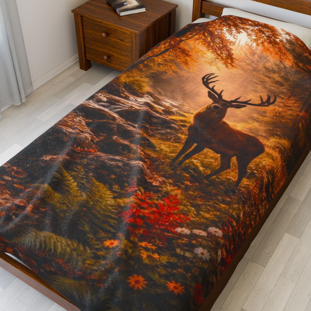 Autumn Forest Deer Velveteen Plush Blanket — Cozy Fall Cabin Throw