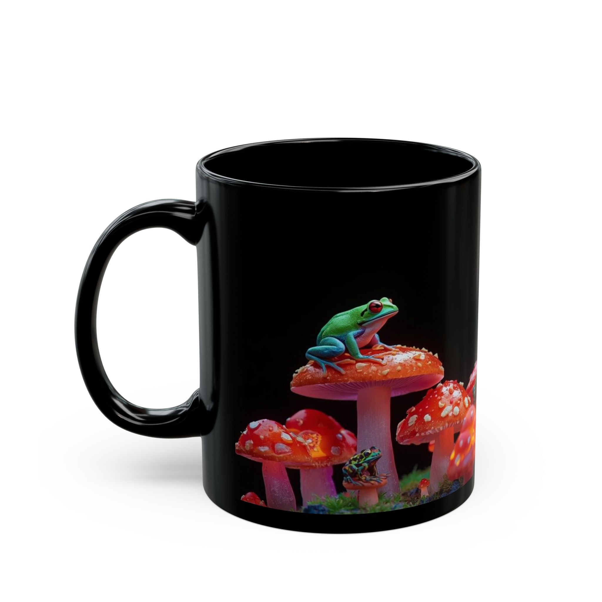 Psychedelic Mushroom & Frog Black Coffee Mug — Vibrant Fantasy 11oz/15oz
