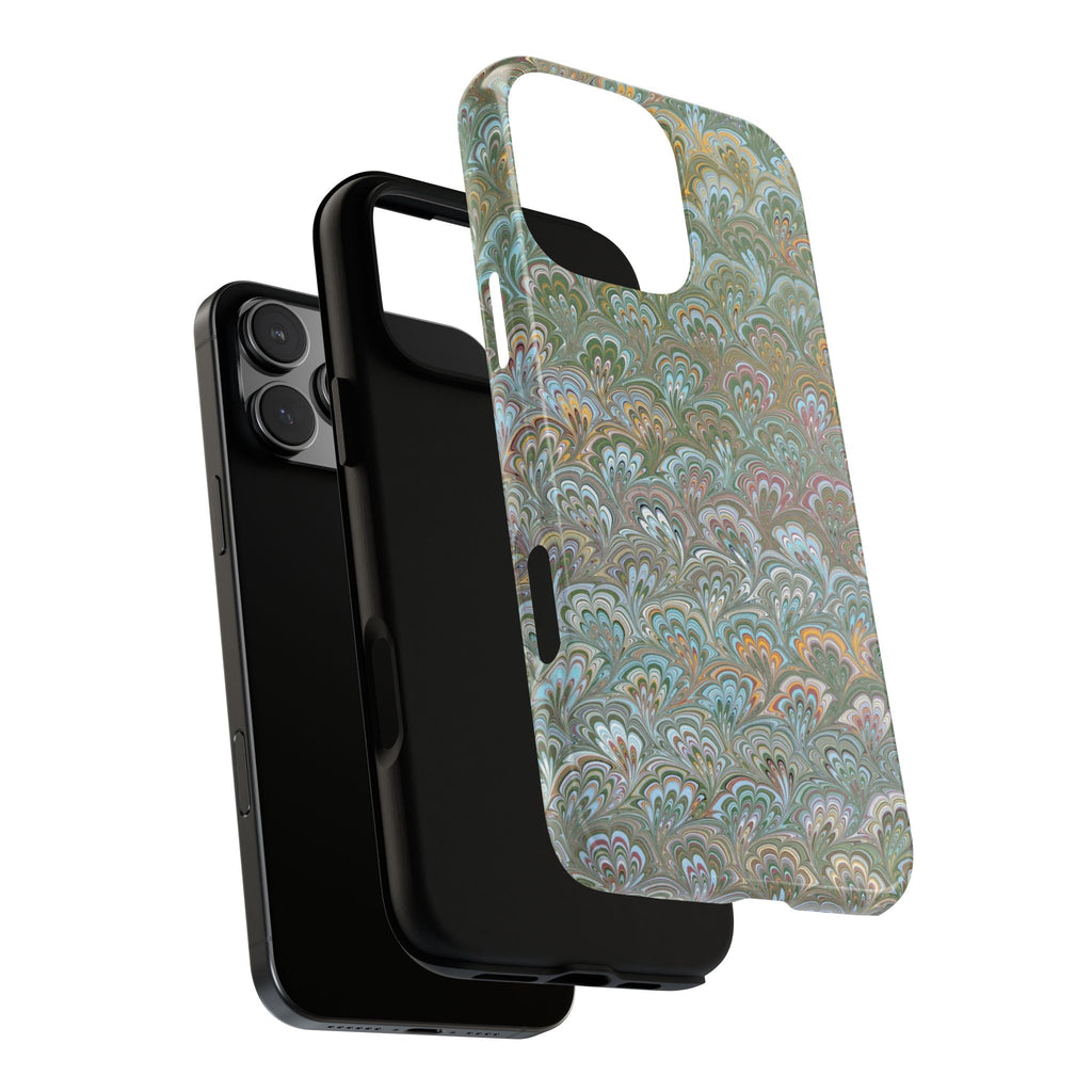 Blue + Green Feather Marbled Phone Case - Dual Layer Phone Cover