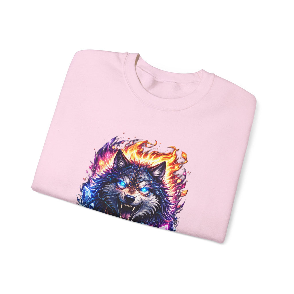 Cosmic Wolf Crewneck Sweatshirt — Neon Fire & Ice Wolf Graphic