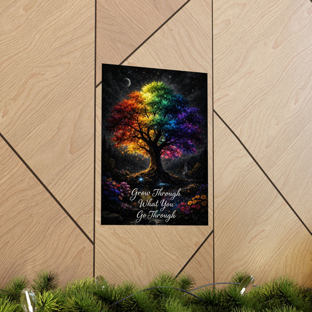 Inspirational Rainbow Tree Poster — "Grow Through What You Go Through" Matte Vertical Print