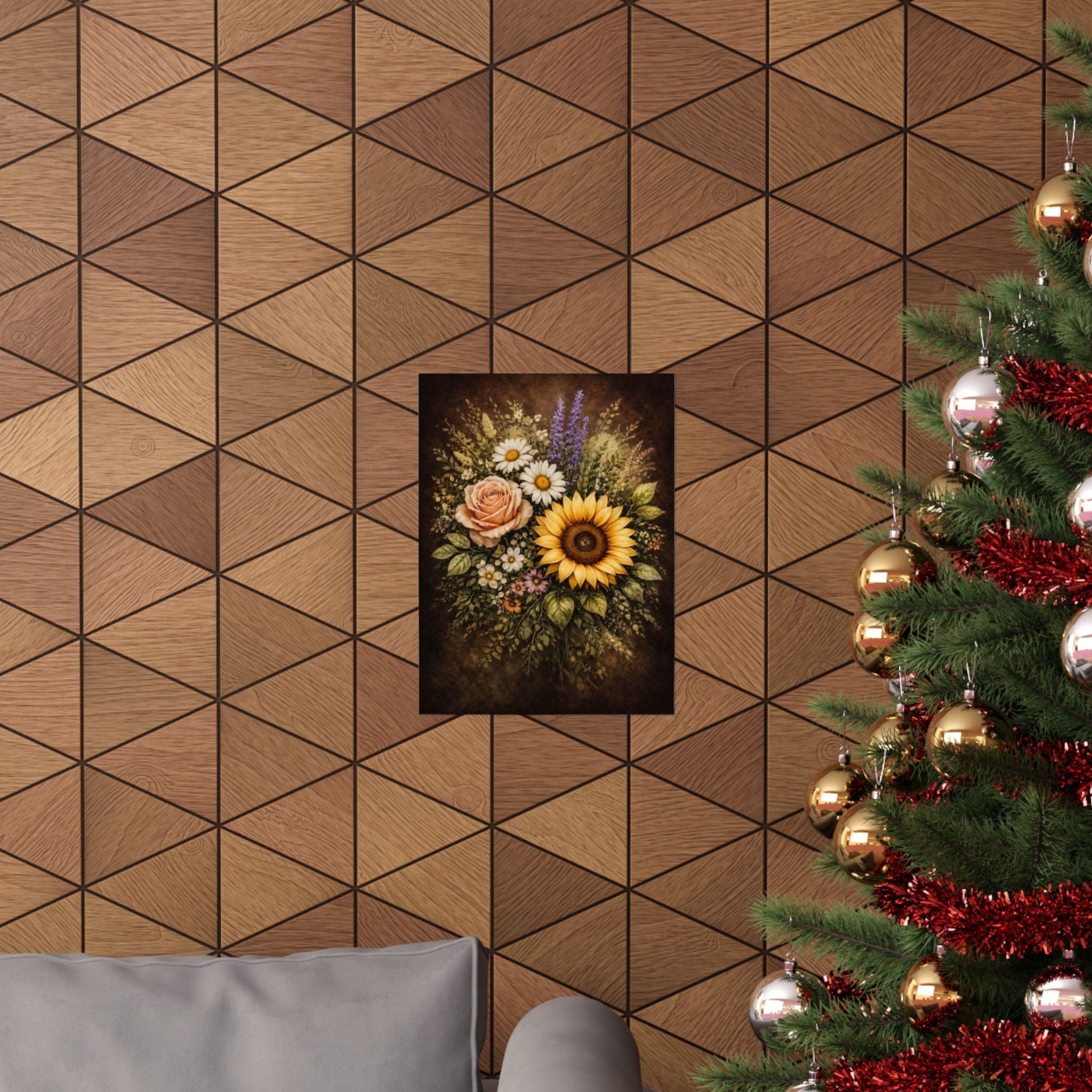 Sunflower & Roses Bouquet Poster — Matte Vertical Floral Wall Art